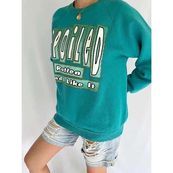 90s vintage reworked green spoiled rotten funny quote phrase pullover sweater - Picture 3 of 8